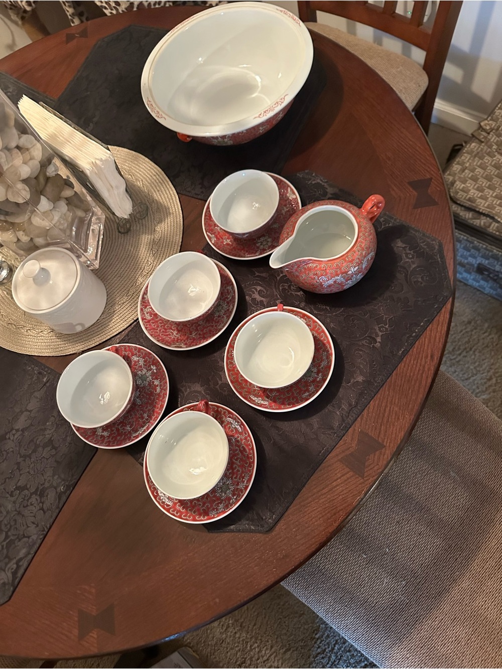 Vintage Famille Rose Mun Shou Porcelain Tea Set of 5 & soup bowl